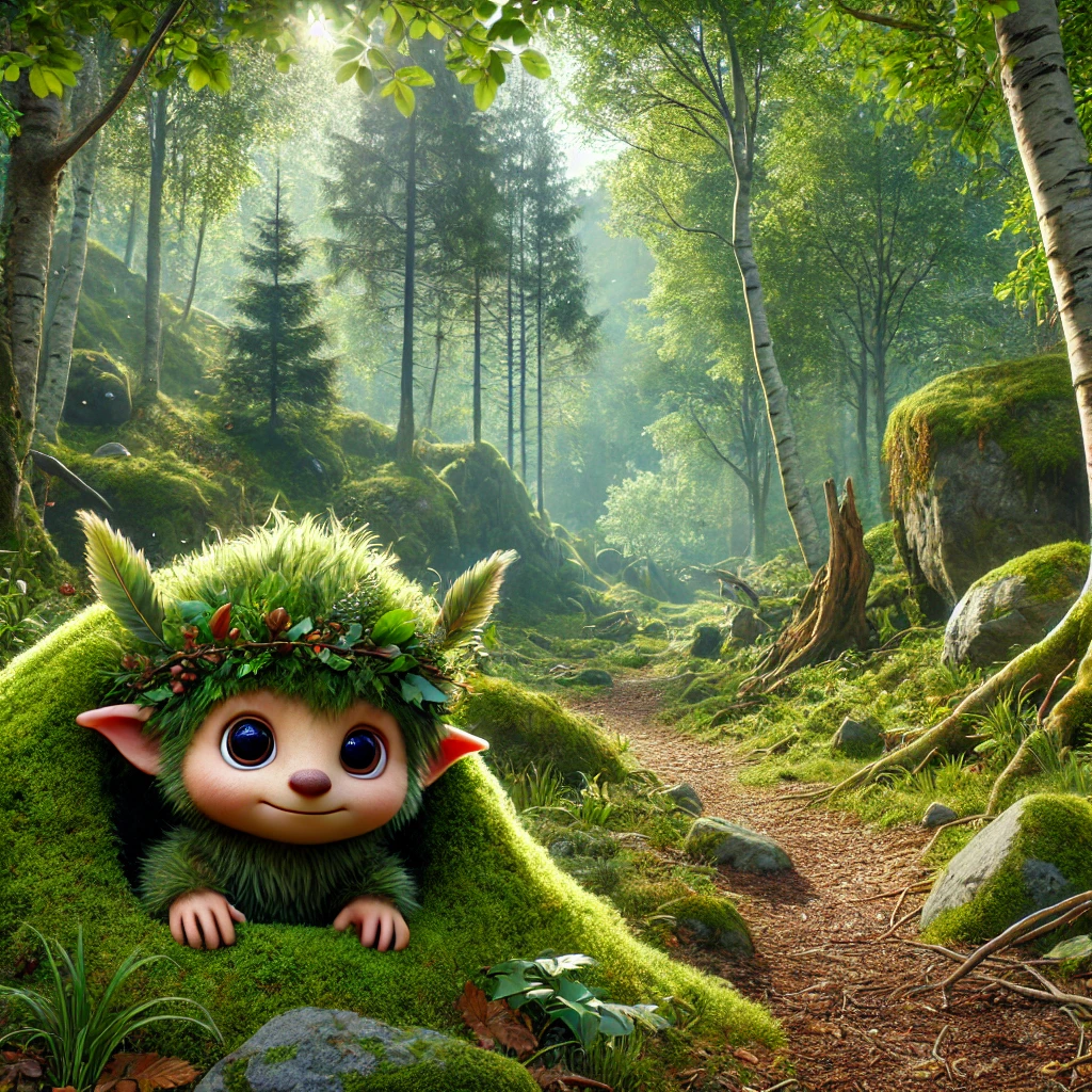A-realistic-3D-digital-illustration-showing-a-magical-forest-in-Andorra-with-a-friendly-Tamarro-a-small-mythical-creature-with-a-nature-themed-appear